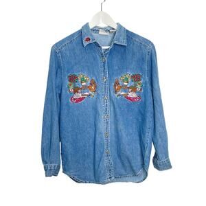 Vintage Bobbie Brooks Size S 100% Cotton Embroidered Cats Button up Denim Shirt